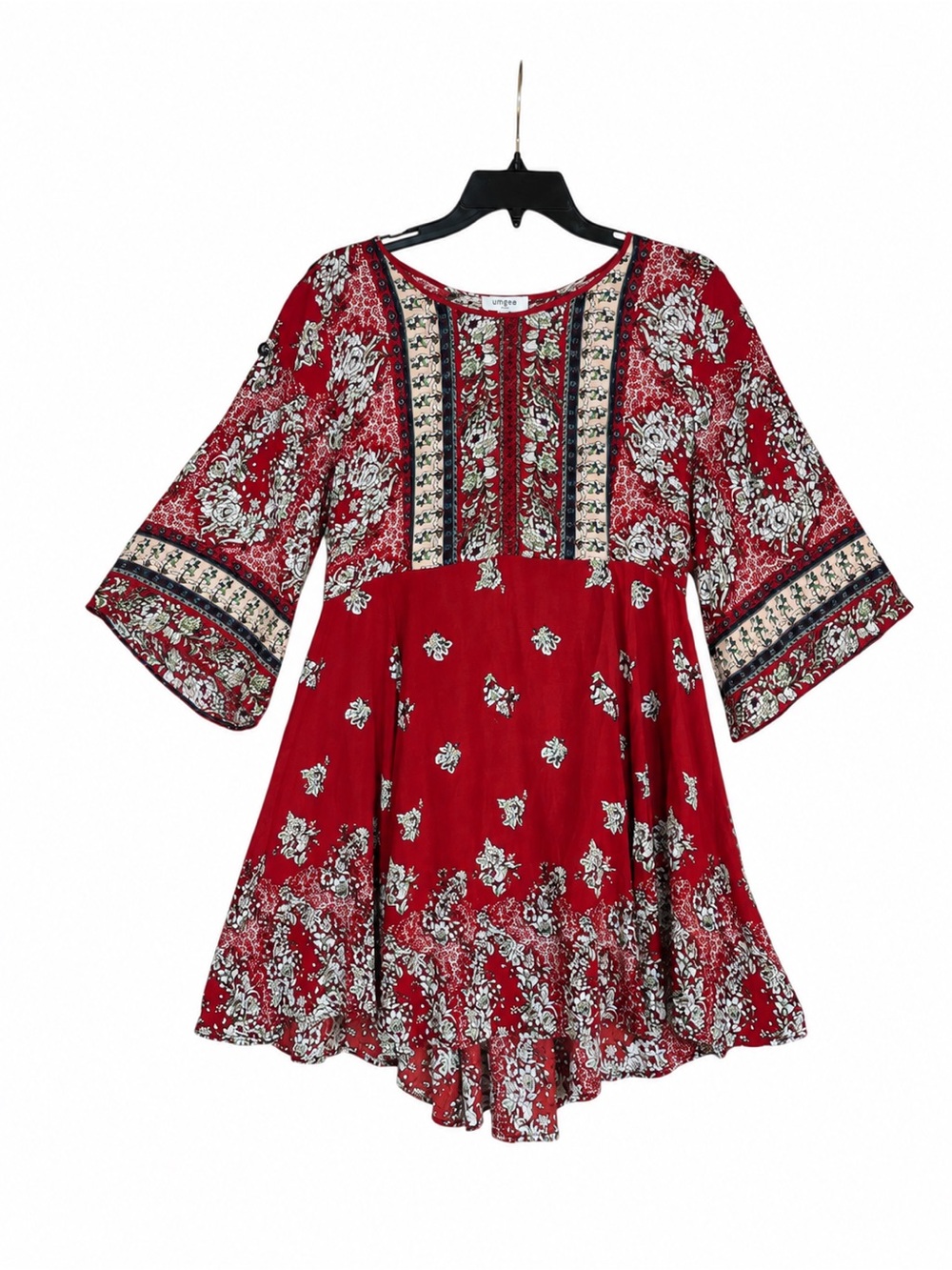 UMGEE USA Red Floral Babydoll Dress Womens L 3/4 Bell Sleeve Woven Boho Artsy